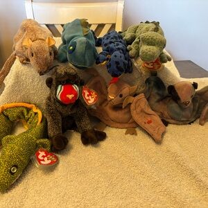 Ty Stuffed Animals Set - Green, Blue, Brown, Tan